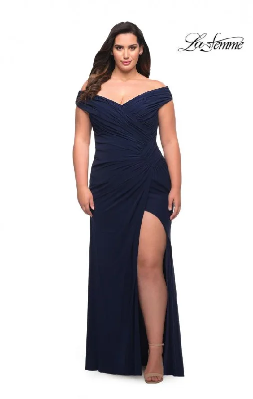 La Femme 29722 Jersey Off Shoulder Gown | Black, Emerald, Navy, Wine