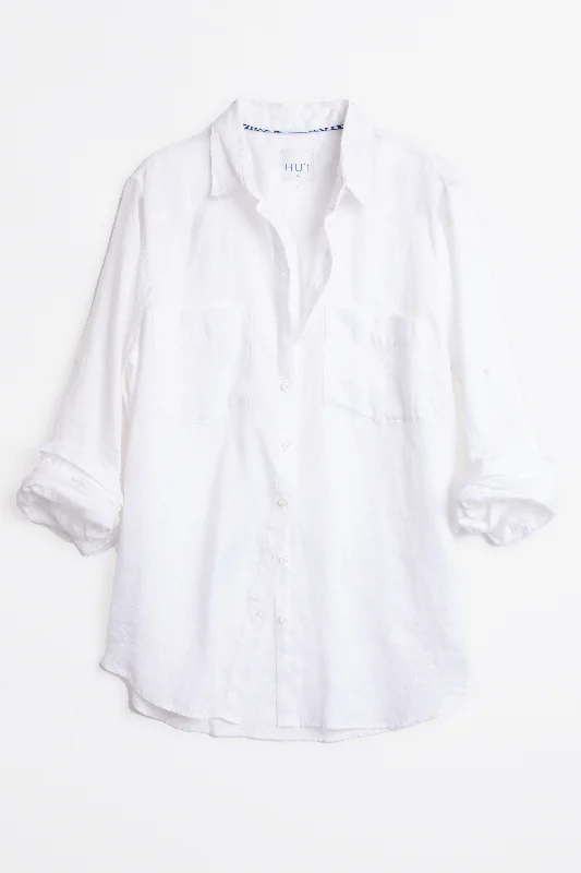 White Two Pocket Boyfriend Linen Shirt